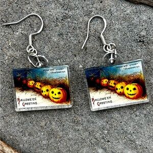 Halloween Jack o lantern earrings, grinning pumpkin jewelry, retro Halloween